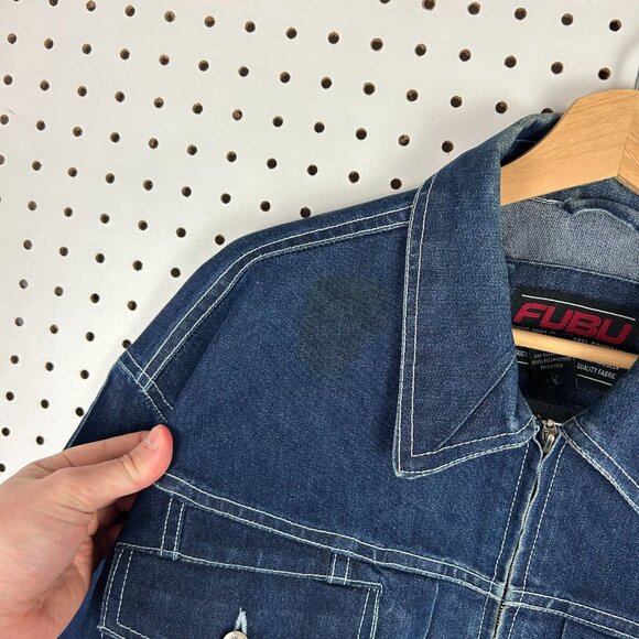 FUBU Denim Y2K Trucker Jacket Mens Large 90s Streetwear Blue Full Zip READ Skate - Picture 3 of 10